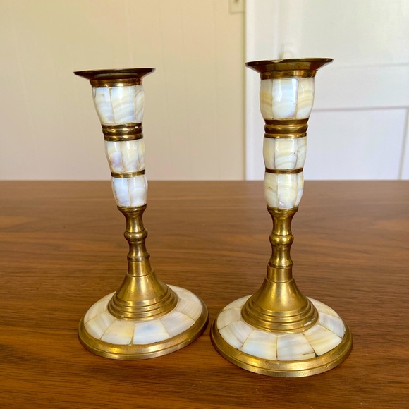 Vintage Mother of Pearl Brass Candlesticks- Pair